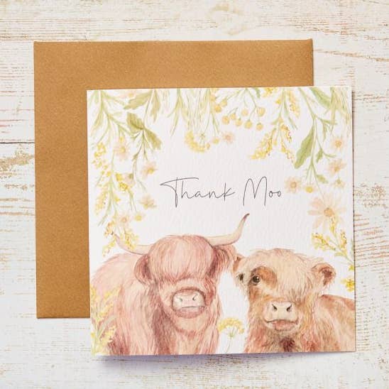 Highland Cow Floral Card Thank Moo With Cow Couple for wholesale by Langs