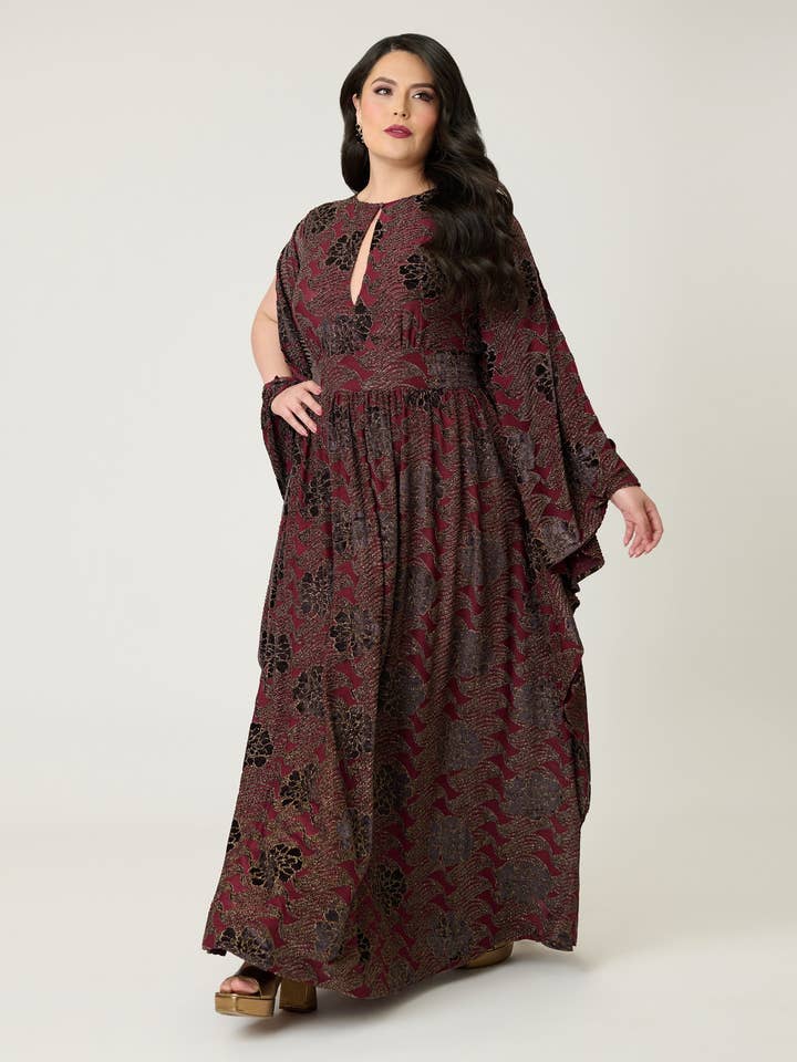 Unik Vintage Plus Size Vinröd Blommig Sammet Kaftan med Fladdrande Ärmar för wholesale av Unique Vintage