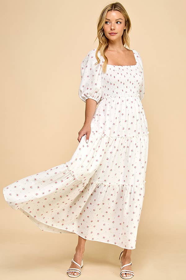 Million Colors - Vendita all'ingrosso Vestito - Donna - Abito Midi a Balze con Maniche a Sbuffo e Motivo Floreale Rosso Off-White di Hattie1