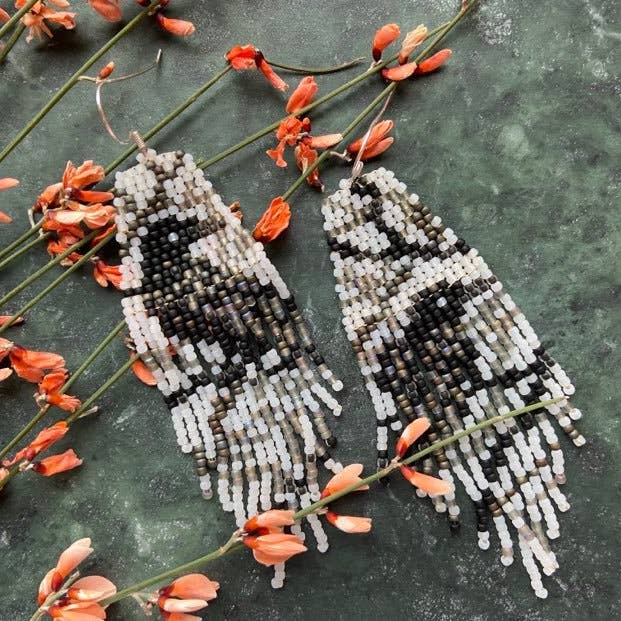 Raven - Handwoven beaded fringe earrings, bird, mismatched for wholesale by BerdorBeads
