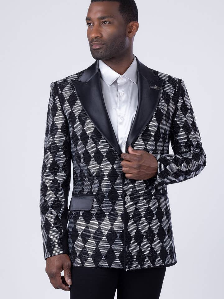 Nero Argento Blazer da uomo con strass con motivo a rombi nero argento 4EBL52 in vendita all'ingrosso su Faire