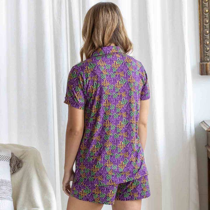 The Royal Standard - Wholesale Sleepwear Bottom - Women's - St. Charles Fleur de Lis Sleep Shorts Purple/Yellow/Green -Asst.