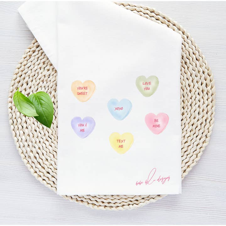 Candy Hearts Flour Sack Tea Towel, Valentine, Kitchen Decor for wholesale by Bebe Blu Designs, LLC