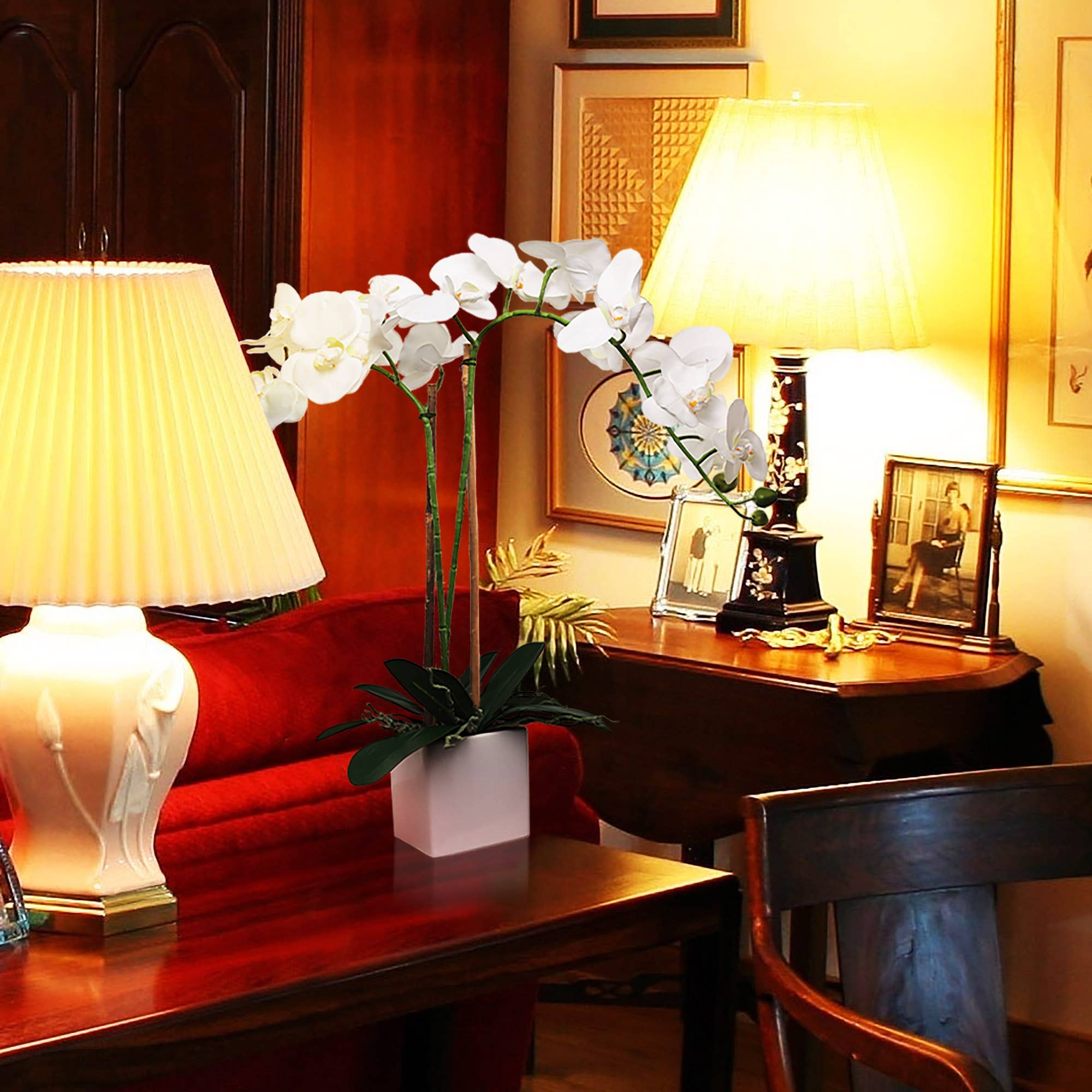 Larksilk - Wholesale Artificial Flowers - Elegant White Phalaenopsis Orchid Arrangement In 5" Cube Pot6