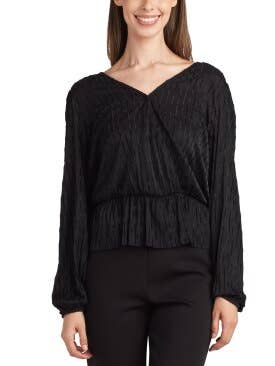 STRIBET STRIK, LANGÆRMET BLUSONÆRMET SURPLICE TOP MED PEPLUM for engroshandel hos A. Byer