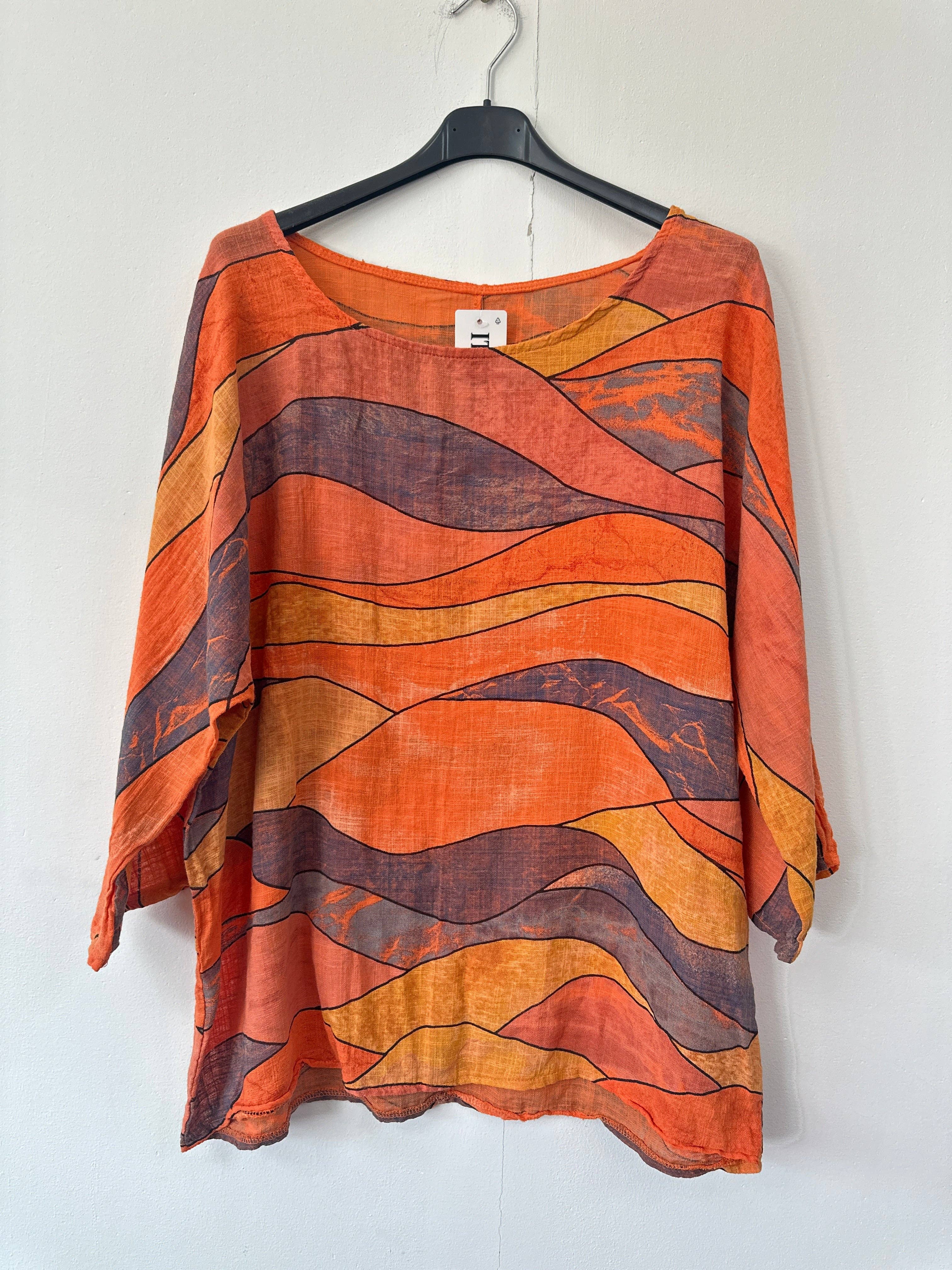 Miss Bold - Wholesale Blouse - Women's - Italian Abstract Print Oversized Linen Blend Top with 3by4 Sleeves10