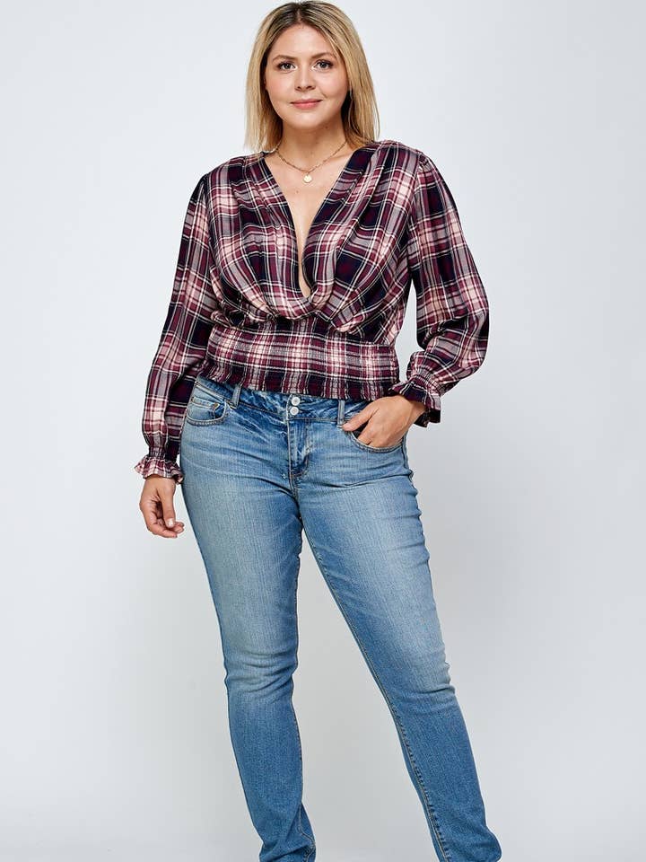 Plus Size Plaid Top Smocked Waist - SS2156P for wholesale by Haute Fox Plus Size & Contemporary