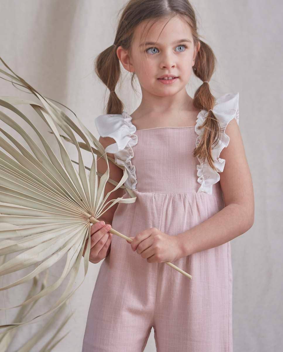 Rose Long Plain Girl's Jumpsuit with Contrast Printed Ruffles for wholesale on Faire1