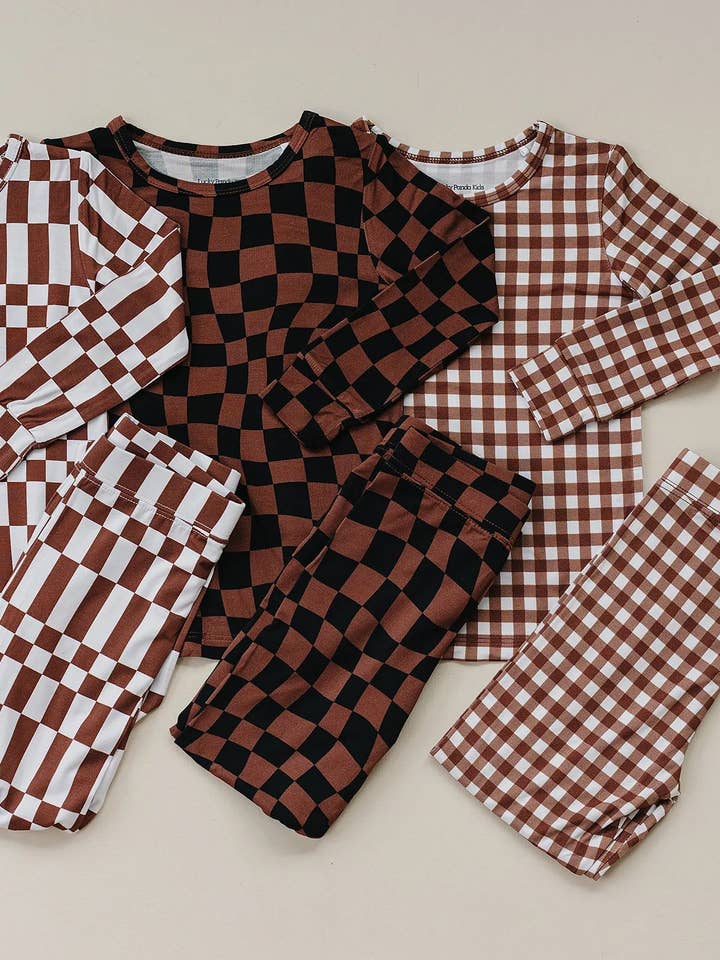 Bamboo Two Piece Set | Chocolate Checkered for wholesale by Lucky Panda Kids