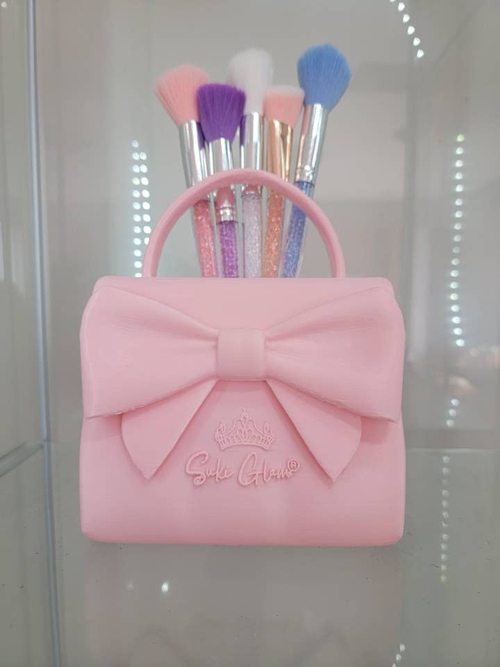 Pretty in Pink Bow Handbag Brush Holder - Glamorous Vanity Organizer for wholesale by JDCOLFASHION LLC