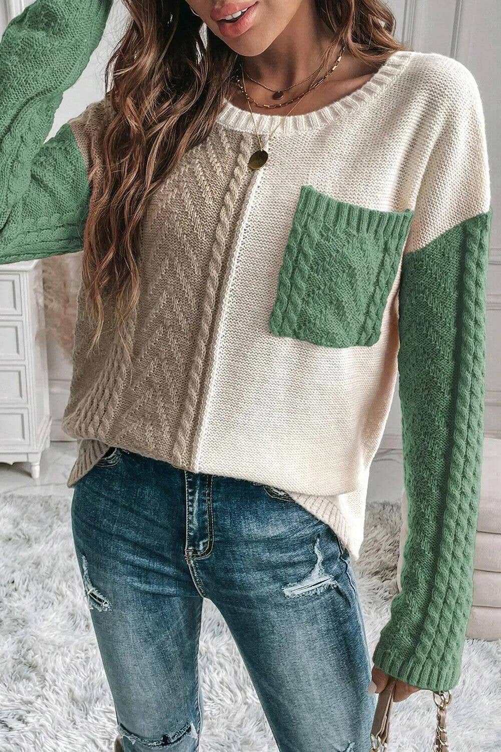 Lily Clothing - Wholesale Knit Sweater - Women's - CASUAL PATCHWORK POCKET PULLOVER SWEATER4