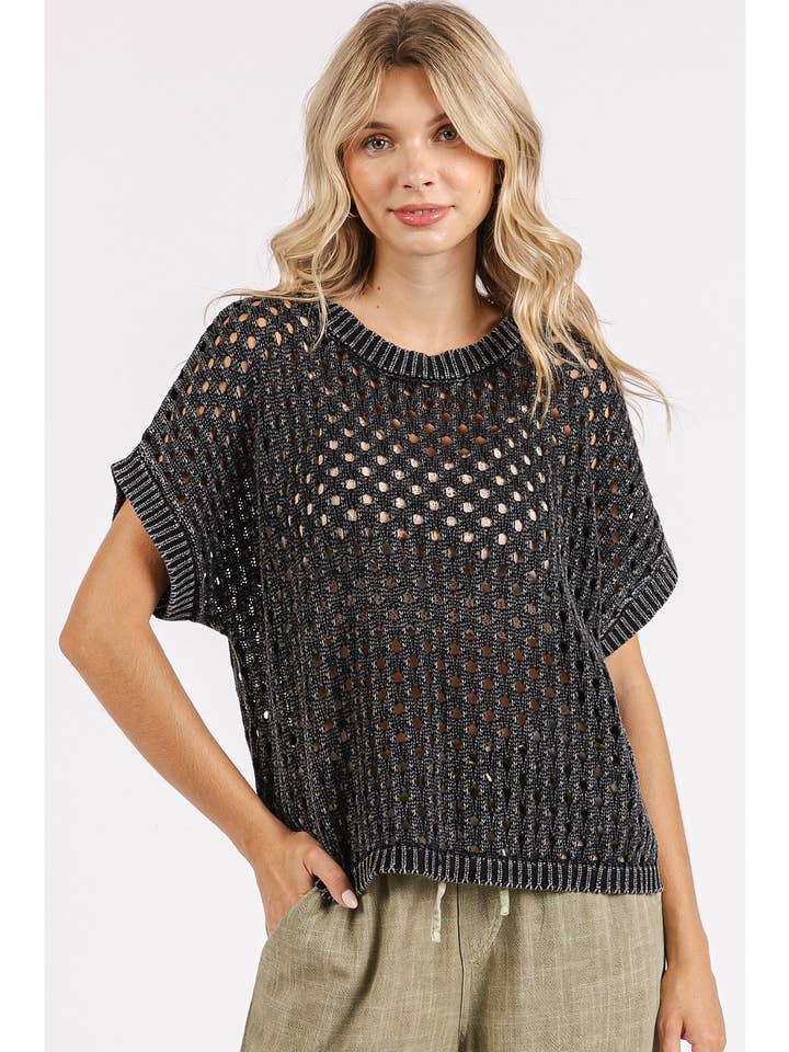 MINERALVASK ÅBEN STRIK KORTÆRMET SWEATERTOP for engroshandel hos mittoshop