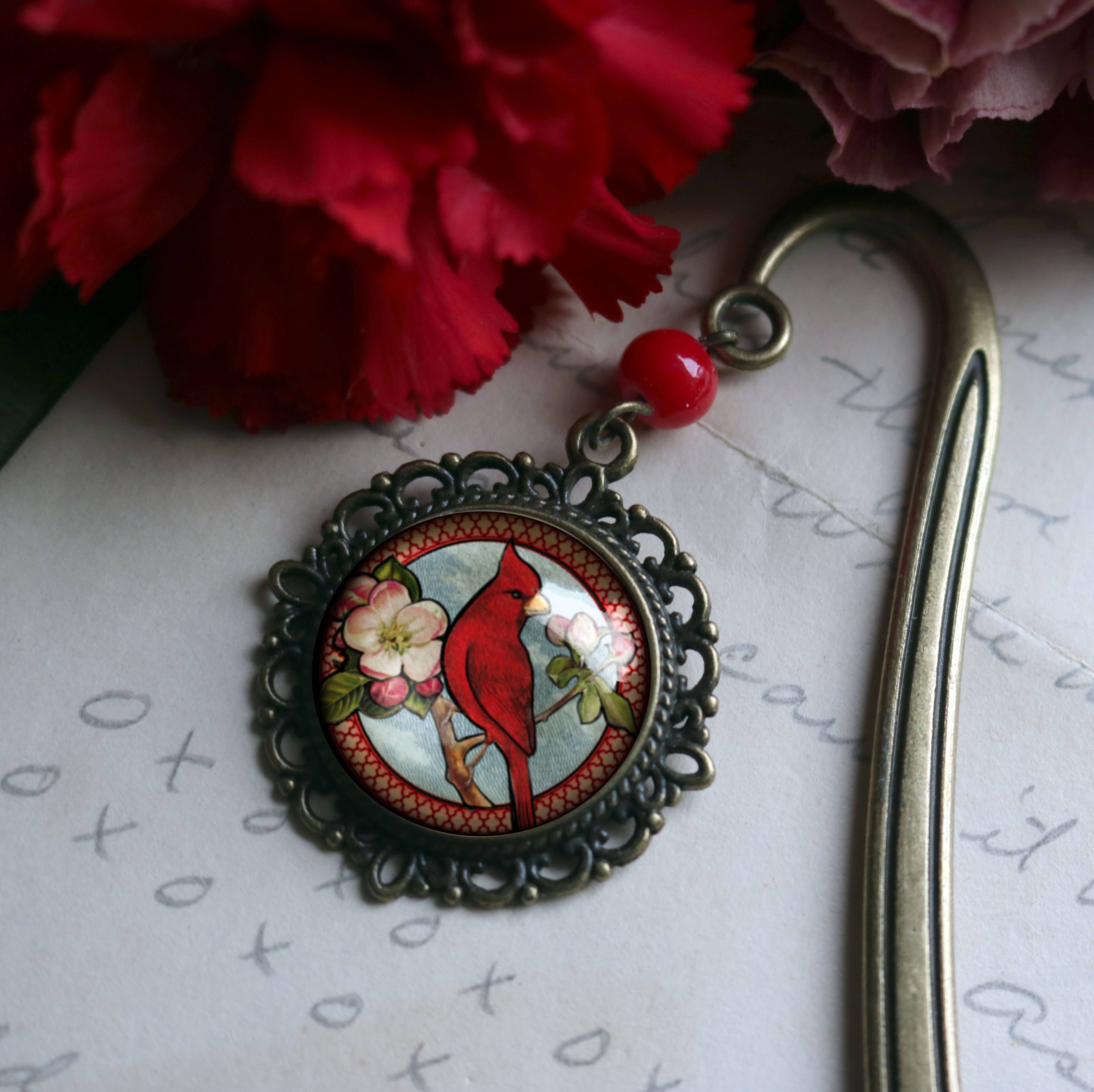 The Divine Iguana - Wholesale Bookmark - Cardinal Bird Vintage Inspired Bronze and Glass Bookmark3