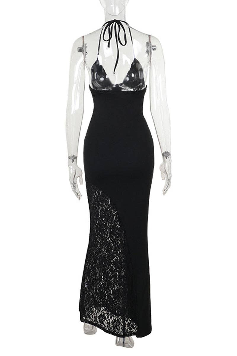 BLACK Halter Neck Ruched Lace Maxi Dress for wholesale on Faire4