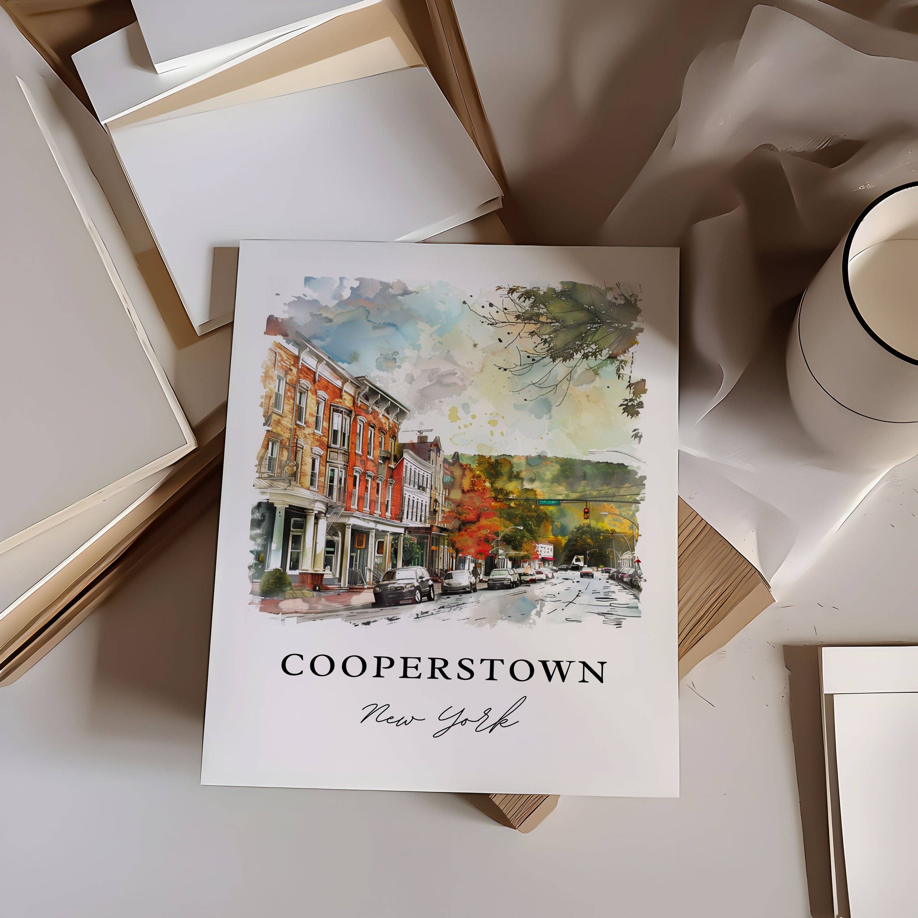 Premium Travel Art - Vendita all'ingrosso Stampa artistica - Arte da parete Cooperstown NY, Stampa del Lago Otsego, Acquerello di Cooperstown, Regalo Cooperstown NY,1