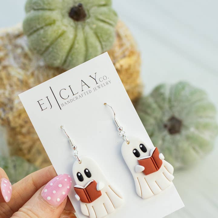 EJ Clay Co - Wholesale Dangle Earrings - Ghosts/Books - Bookish- Fall Earrings - Halloween0