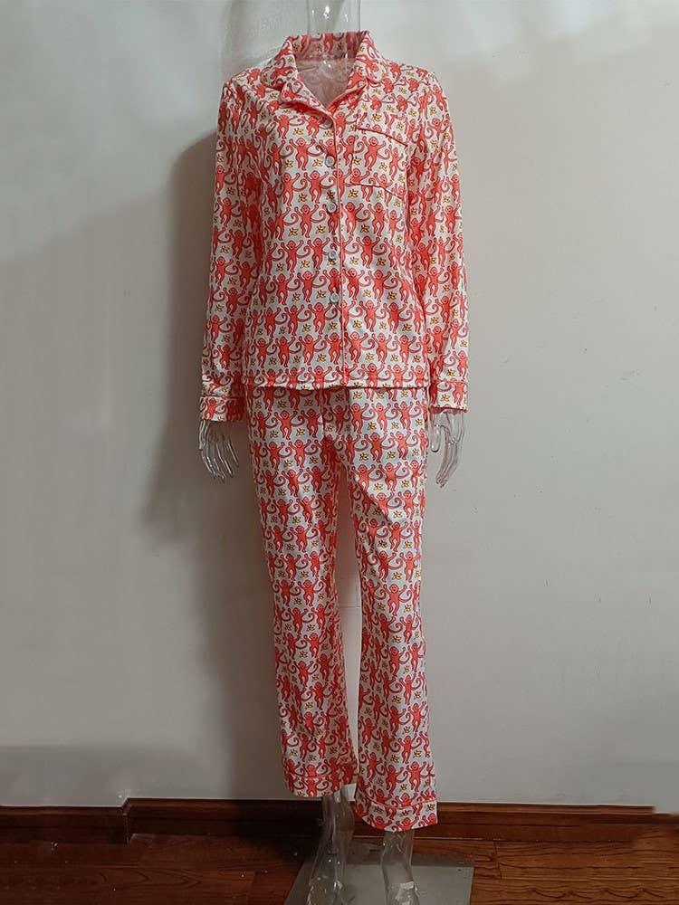 OrangeRed Monkey Print Long Sleeve Shirt Trousers Lounge Set for wholesale on Faire0
