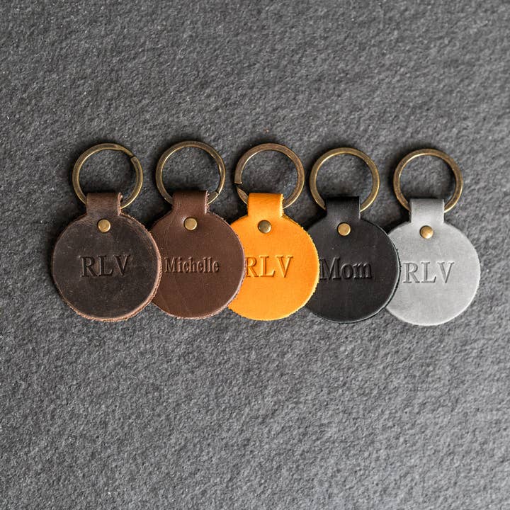 Round Keychain - Double Sided | Personalized Premium Leather Keychain | Custom Key Fob | Leather Gift Handmade in the USA for wholesale by Ox & Pine