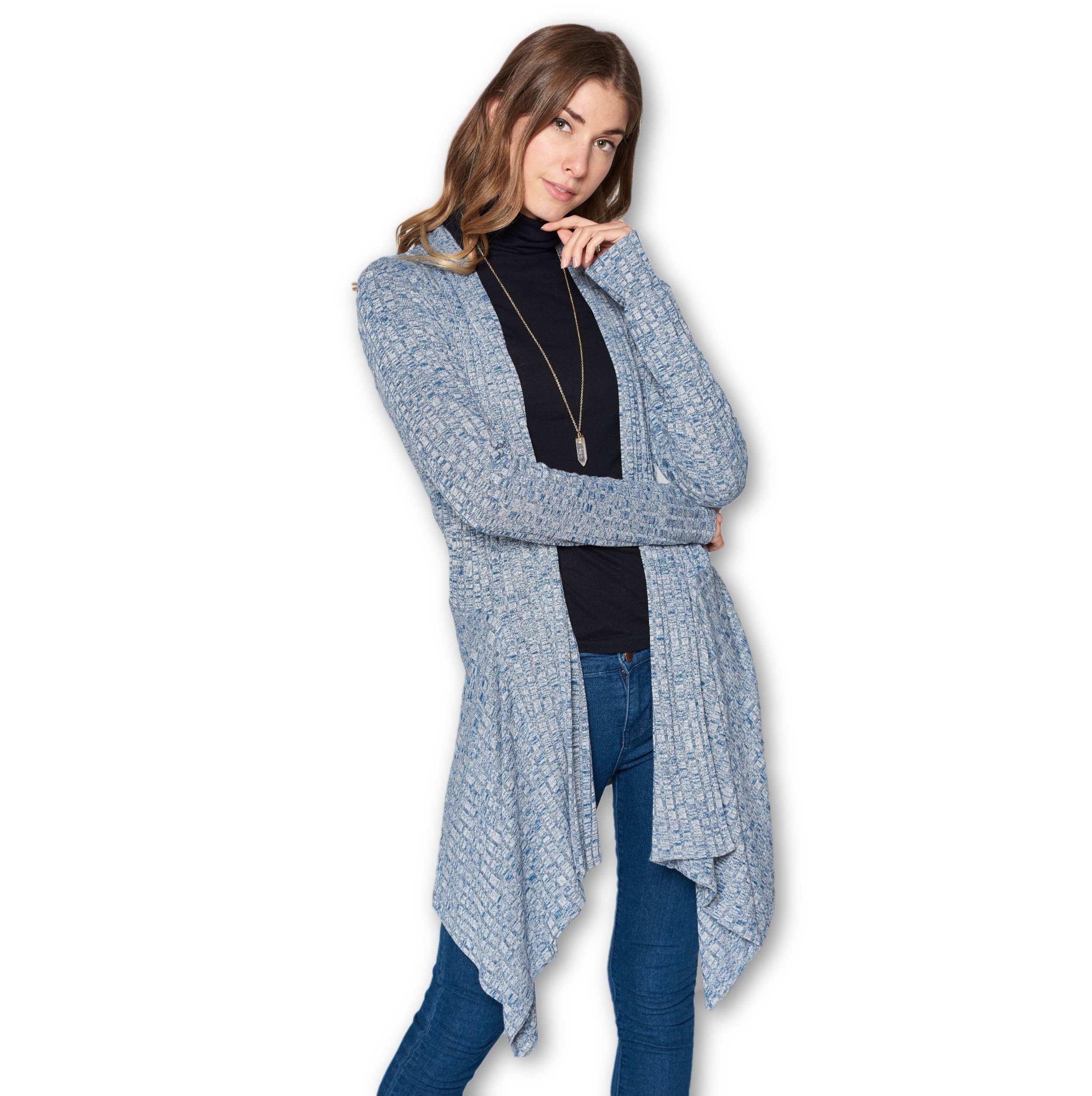 LKLUV - Venta al por mayor Cárdigan - Mujer - Hecho en Estados Unidos - Cárdigan largo asimétrico clásico de punto frontal abierto4