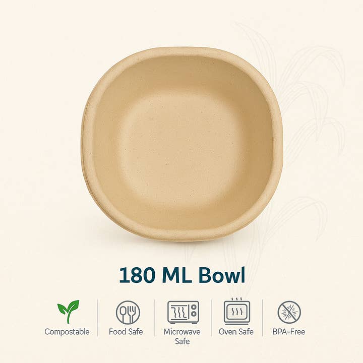 Bols de 180 ml (Caisse de 800 | 32 x 25 paquets) - 100 % compostables fabriqués à partir de bagasse de canne à sucre pour la vente par Nutribite EcoWare