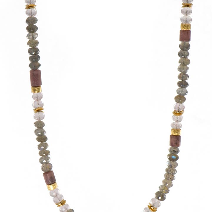 Labradorite, Rose Quartz and Rhodonite 5mm Necklace 24K Fair Trade Gold Vermeil for wholesale by Joyla Jewelry