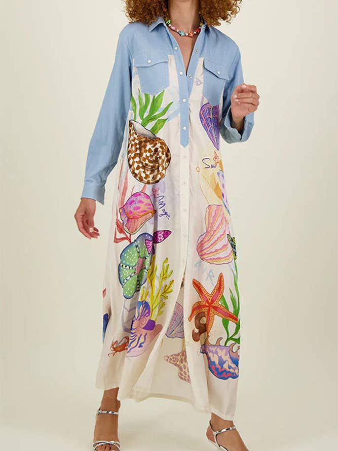 Blue Sea Animal Print Shirt Dress JRM085 for wholesale on Faire