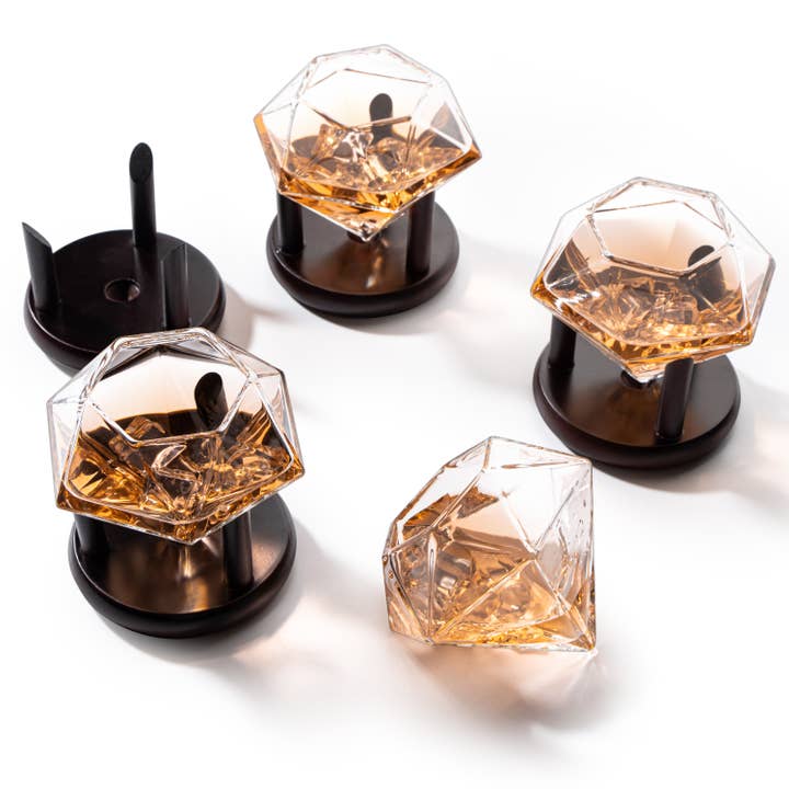The Wine Savant / Khen Glassware - Wholesale Cocktail/Liquor Glass - Set of 4 Diamond Glasses & Wood Stands 10oz1