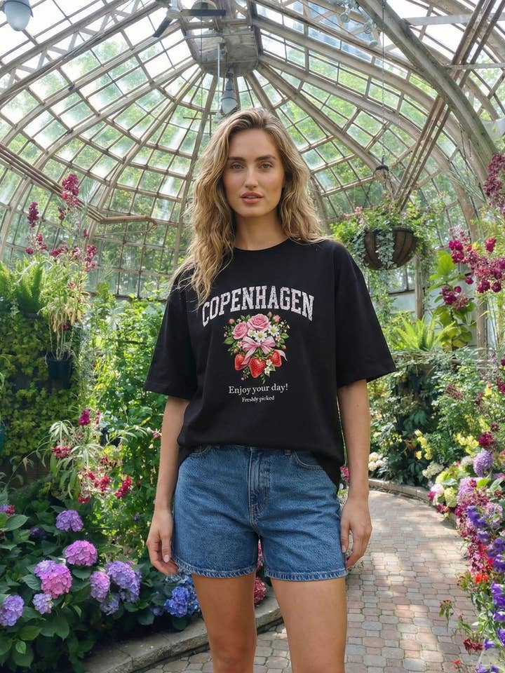 220GSM Oversized-T-Shirt im Copenhagen Strawberry Floral-Print für den Großhandel von Missi Clothing