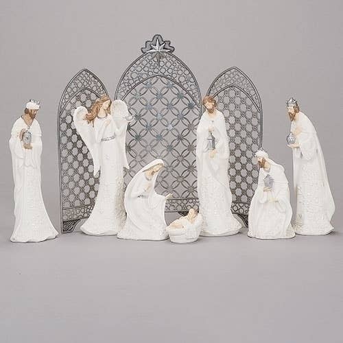 Roman - Wholesale Nativity Scene Decor - 12"H 7 Piece Set Nativity White with Pearl Leaf Pattern