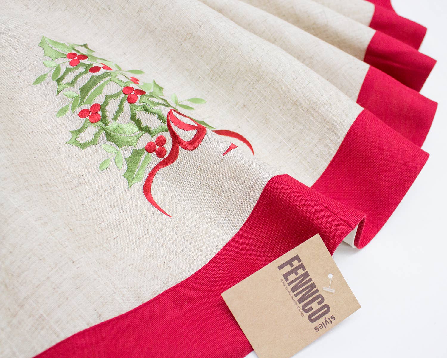 Fennco Styles - Wholesale Kerstboomrok - Rode natuurlijke geborduurde Holly 53" ronde kerstboomrok5