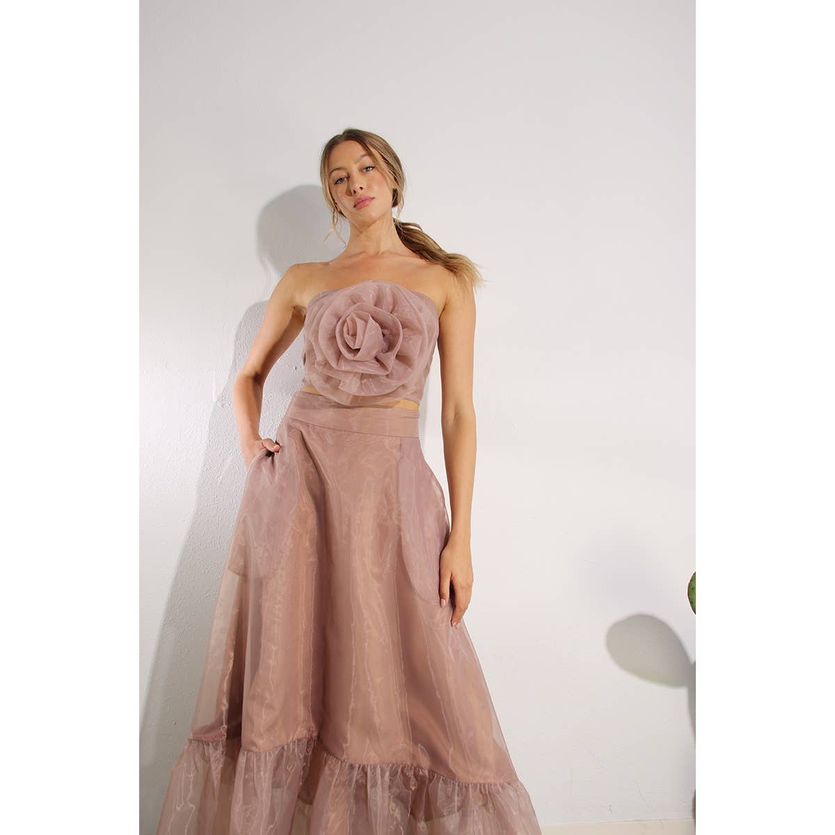 ROZE MAUVE Set met bloemen top en gevoerde microgeplooide rok voor groothandel op Faire5