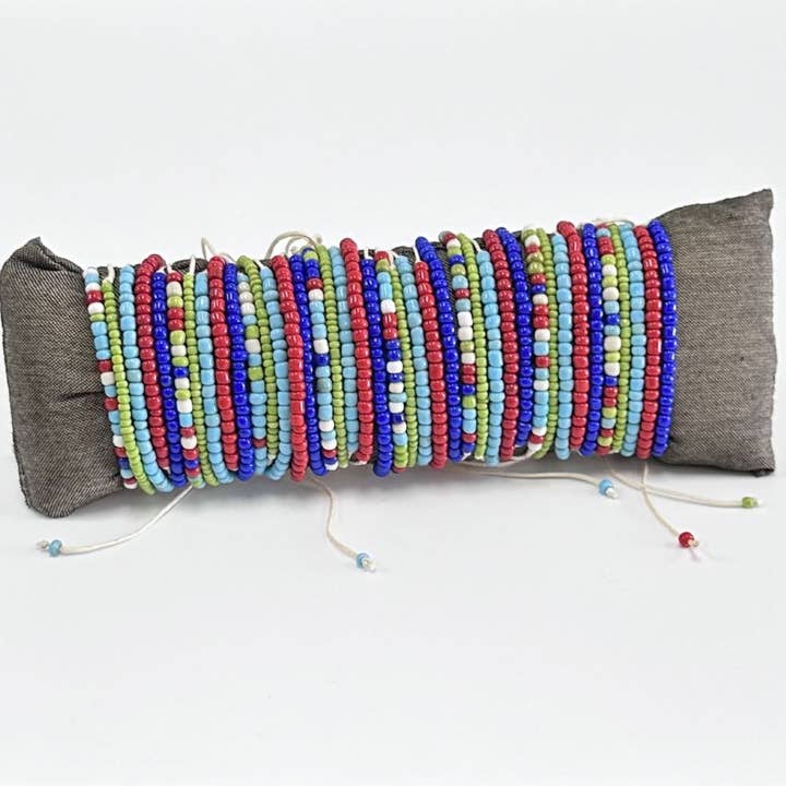 Bali Glass Beads Color Stack Pull Bracelets 40pk for wholesale by Pink House Imports