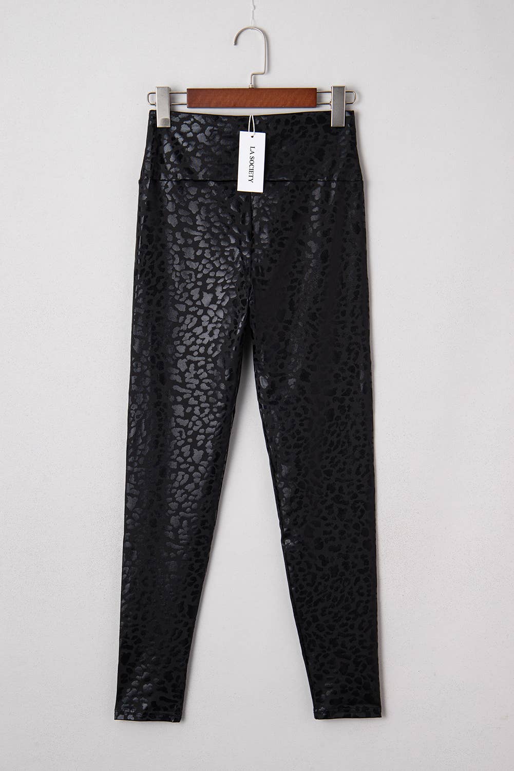 Black LA SOCIETY High Quality Shiny Leopard Textured Leggings for wholesale on Faire6