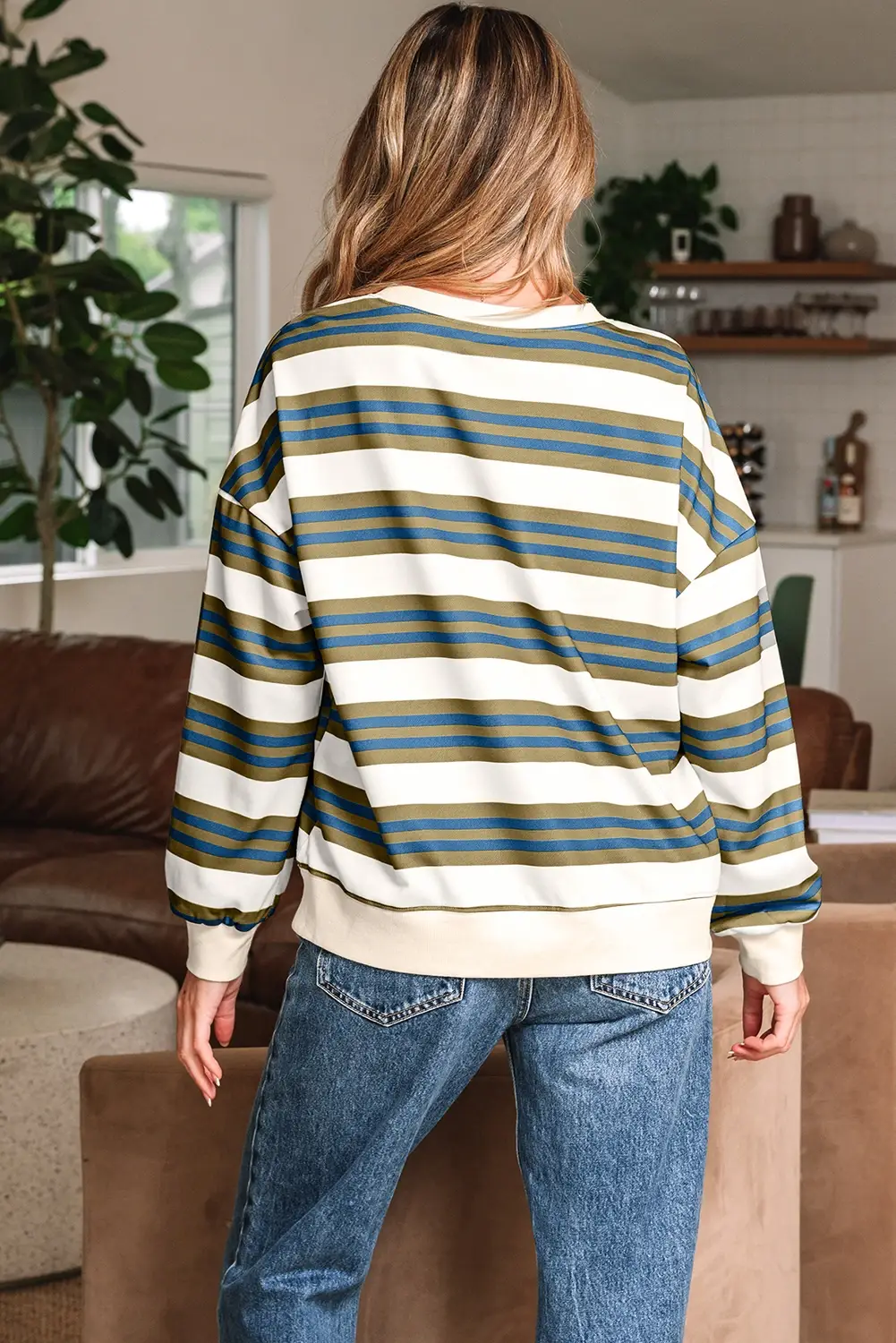 Lovesoft - Wholesale Sweatshirt - Women's - Khaki Stripe Crew Neck Drop Shoulder Pullover Sweatshirt1