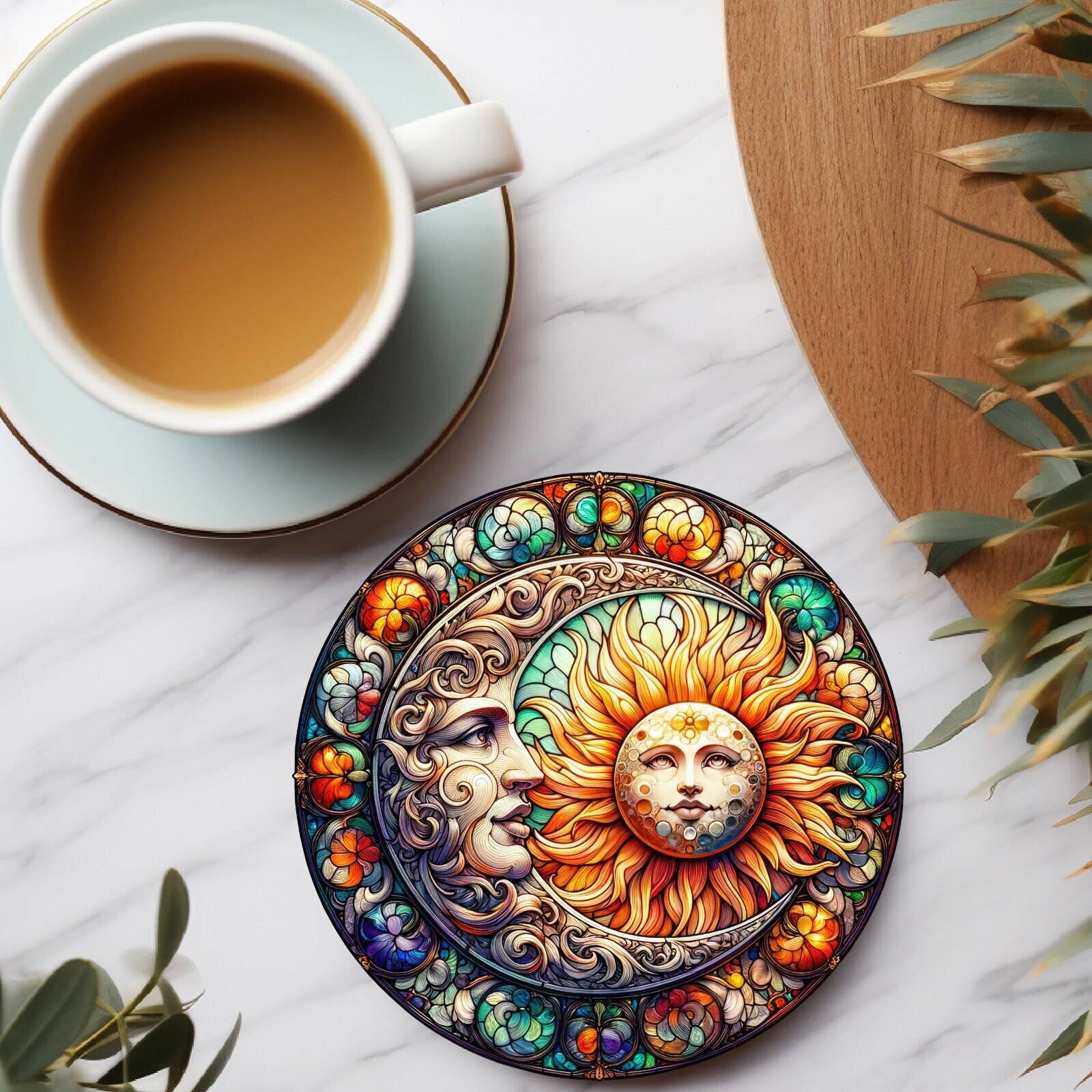 Fernville Creations - Vente Sous-verre - Sous-verre céleste en céramique Soleil et Lune avec base en liège3