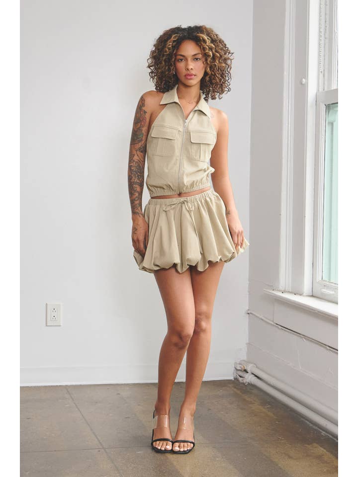 No Vacancy - Wholesale Top & Skirt Set - Women's - Stretchy woven collared top & bubble skort set5