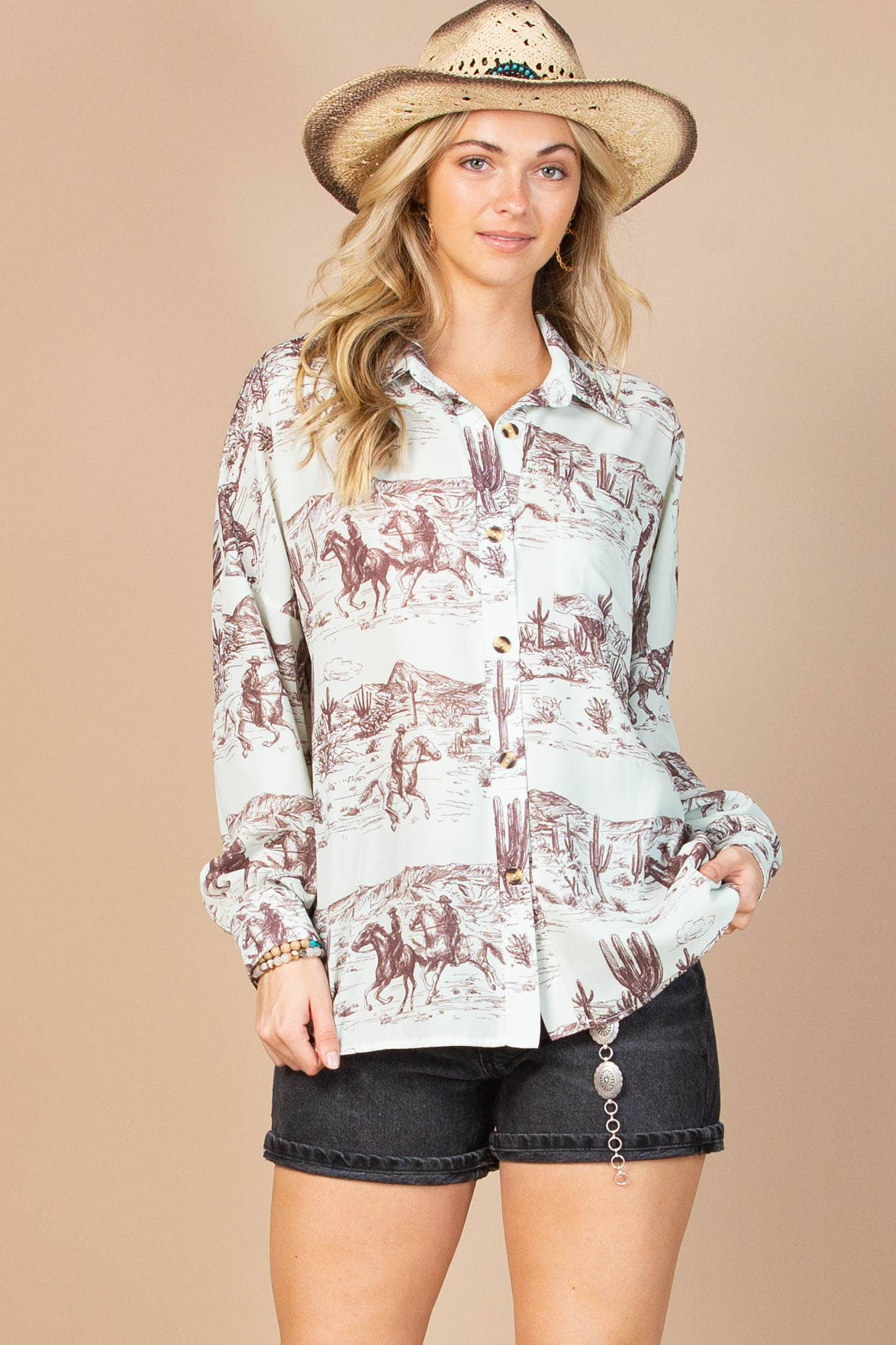 LIGHT PISTACHIO BROWN AV1263-JANE WESTERN PRINT BUTTON DOWN WOVEN SHIRT for wholesale on Faire