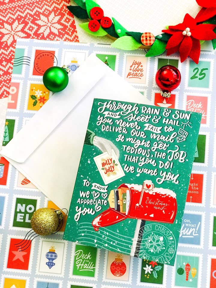 Glædelig jul til min Mail Carrier lykønskningskort | FOLDET Note-kort med konvolut for engroshandel hos Artful Geet Creations