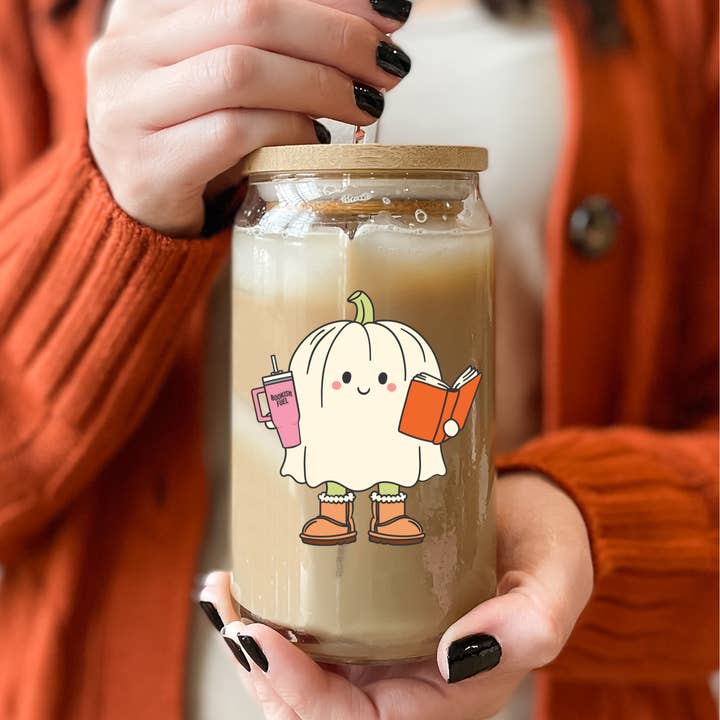 Bookish Fuel Ghost Halloween Can Glass for wholesale by Acential Drinkware