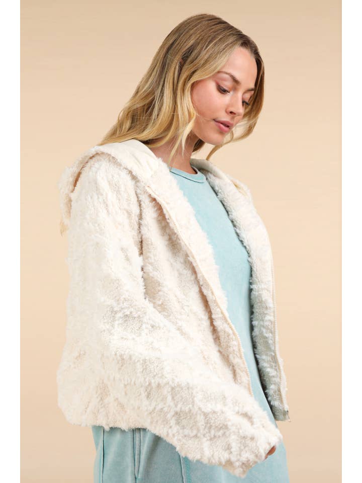 VERY J - Wholesale Jacket - Women's - NJ90342-Oversized Fuzzy Fur Textured Knit Hoodie Jacket