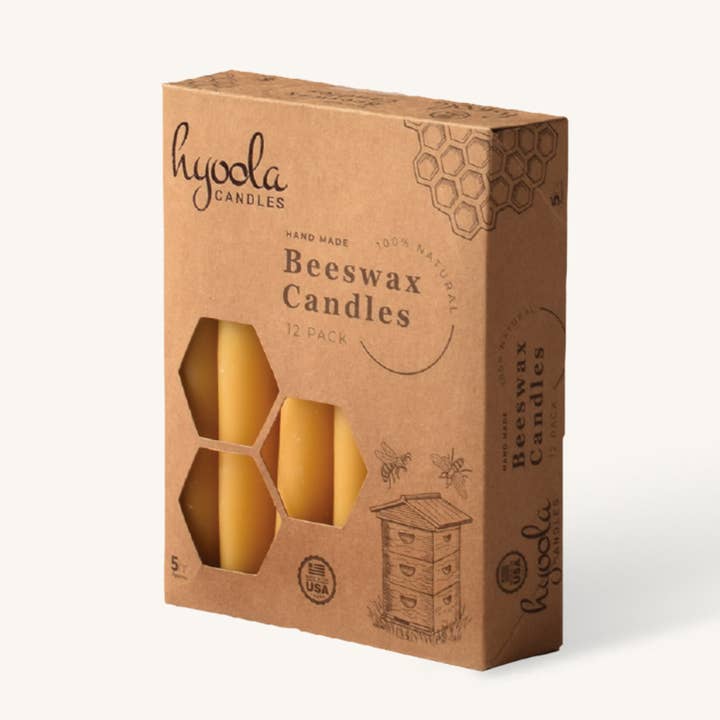 Hyoola Candles - Wholesale Tapered Candle/Candlestick - Yellow Beeswax Candles- 5 Hours - 12 Pack