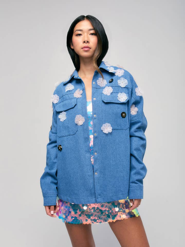 Oversized Denim Jacket with Appliqué for wholesale by Hilary MacMillan