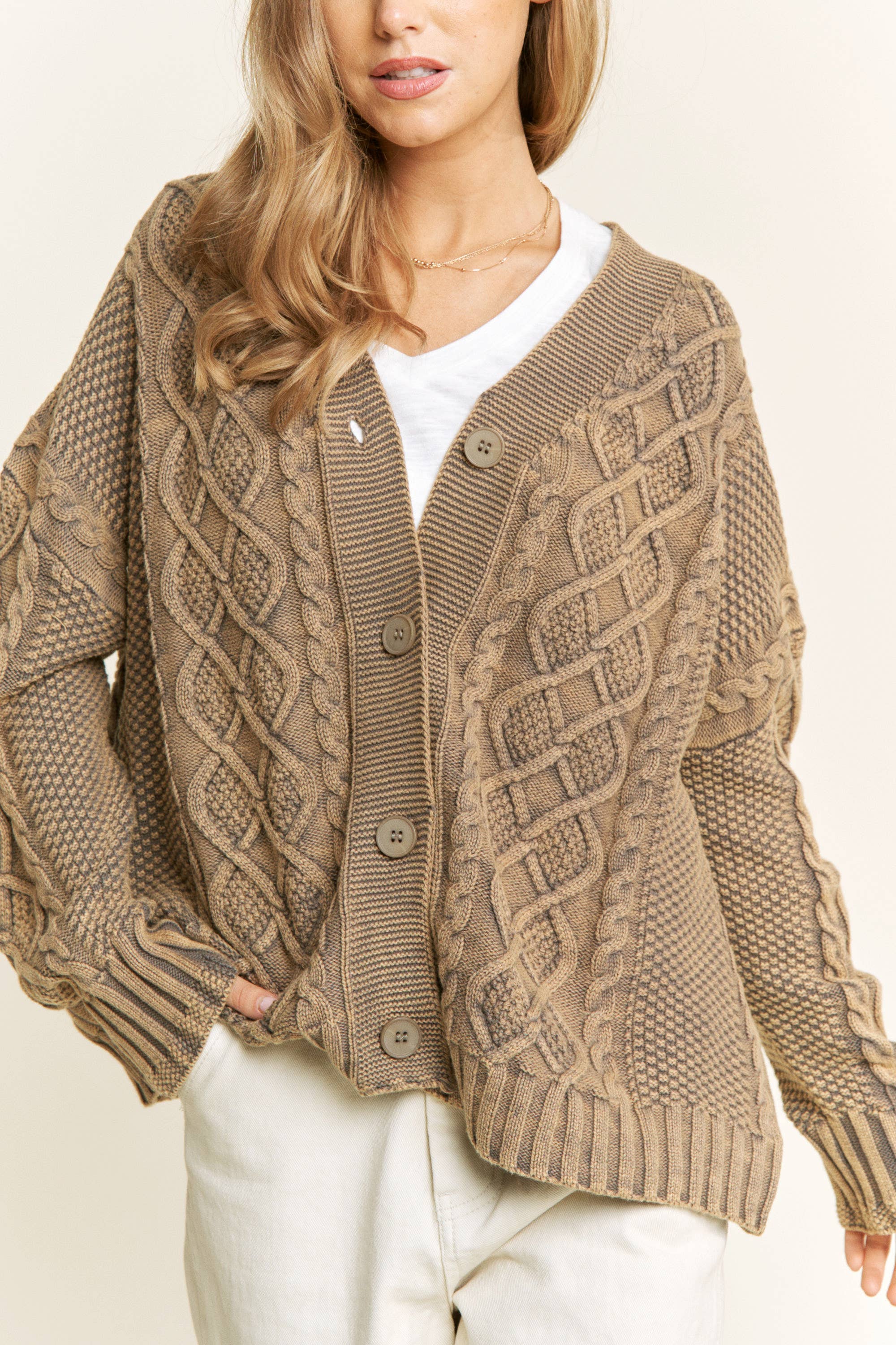 Sweet Generis - Wholesale Cardigan - Women's - WASHED VINTAGE CABLE KNIT CARDIGAN11
