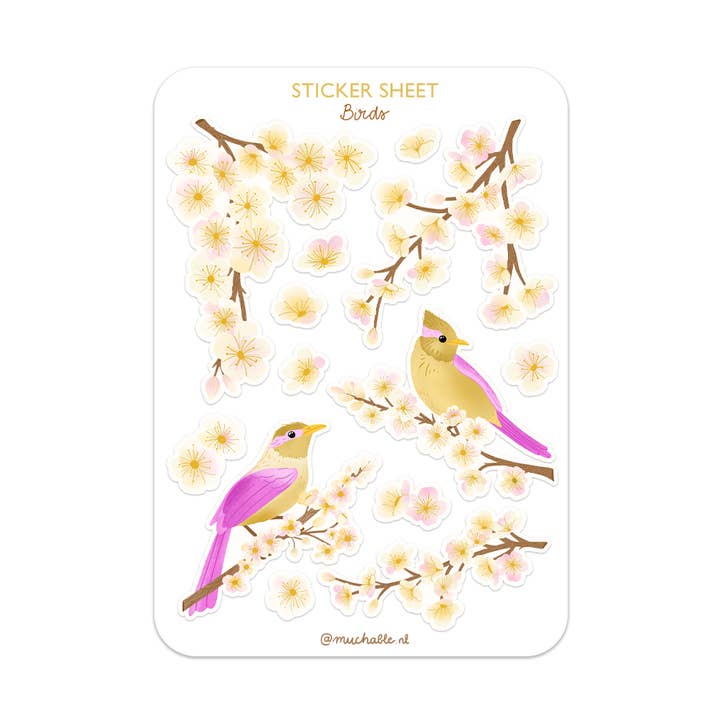 A6 sticker sheet - illustration birds blossom for wholesale by Muchable