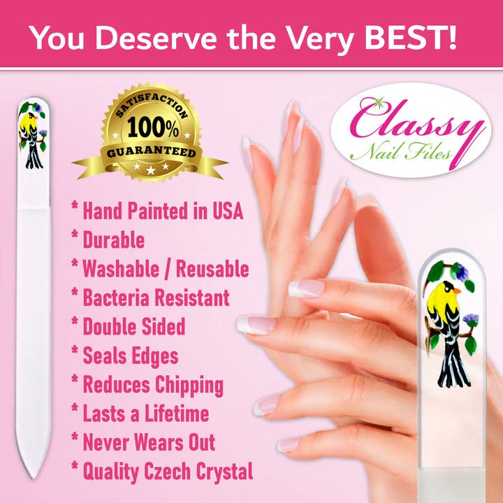 Classy Nail Files - Vendita all'ingrosso Lime per unghie - Lima per unghie in cristallo dipinta a mano regalo per amanti degli uccelli fringuello giallo