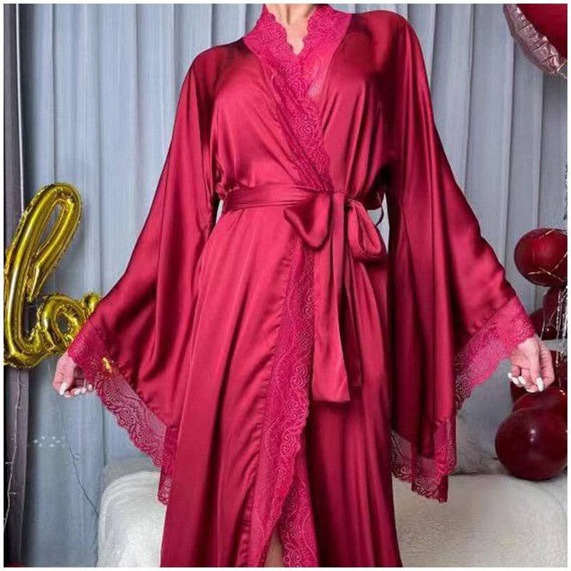 Sheer Trend - Wholesale Robe - Women's - Satin Lace Trim Long Sleeve Robe0