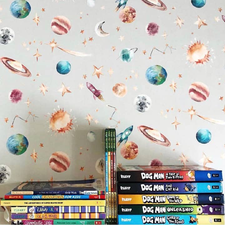 Planets Children's Wallpaper - 52cm wide,10metre long rolls for wholesale by Katie Hipwell Design