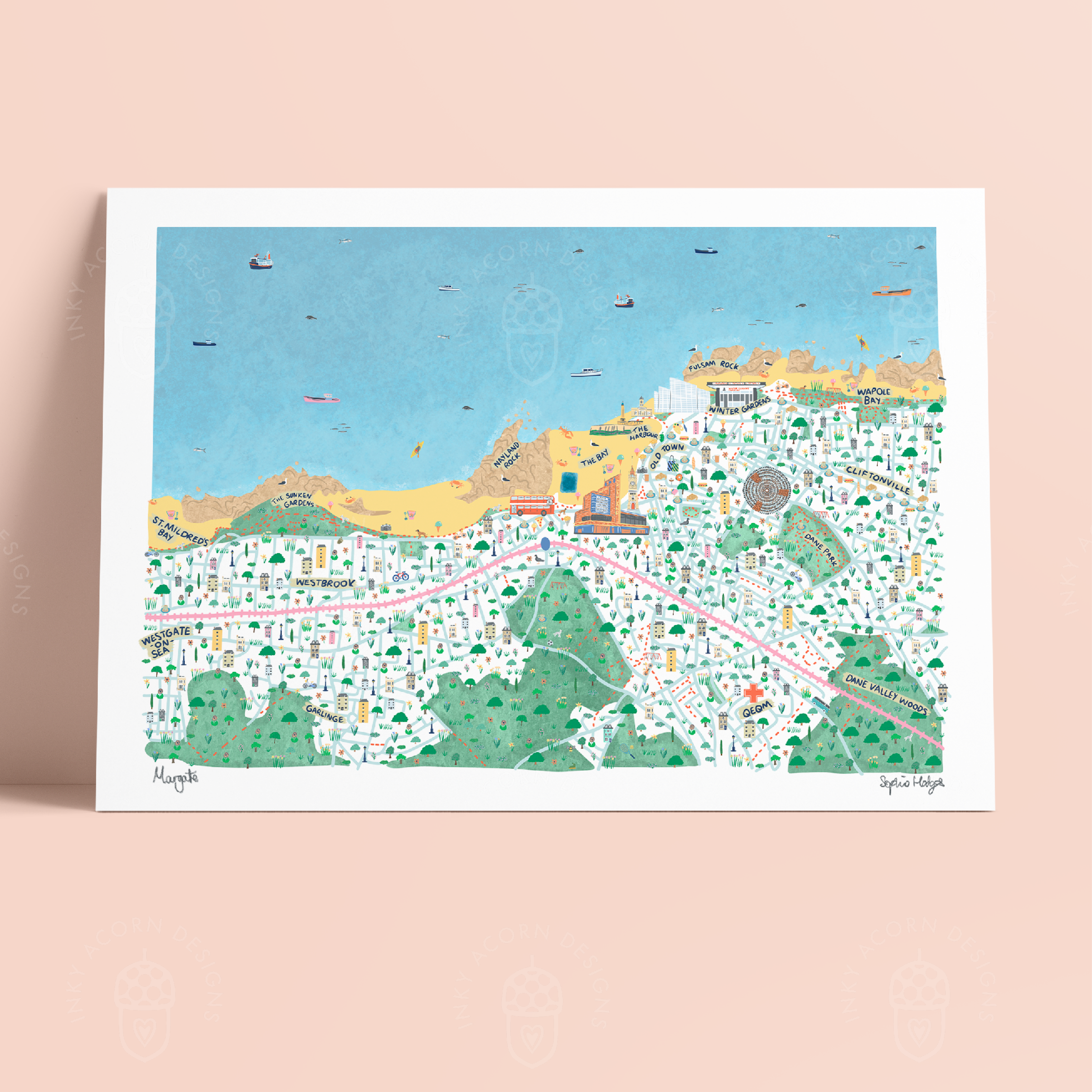 Inky Acorn Designs - Wholesale Art Print - Margate Illustrated Map Signed Art Print1