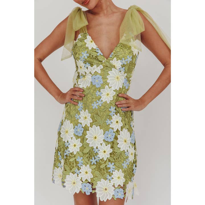 GREEN TULLE SHOULDER STRAP FLORAL MINI DRESS for wholesale on Faire