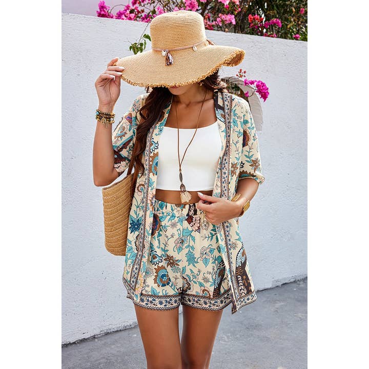 BEIGE GREEN Two Pieces Floral Print Boheme Pocket Elastic Sets for wholesale on Faire
